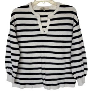 LOFT Black & White Striped Sweater Womens S Split Neck Classic Preppy Academia